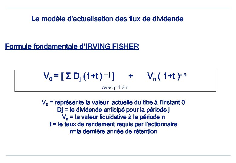 Le modèle d’actualisation des flux de dividende Formule fondamentale d’IRVING FISHER V 0 =