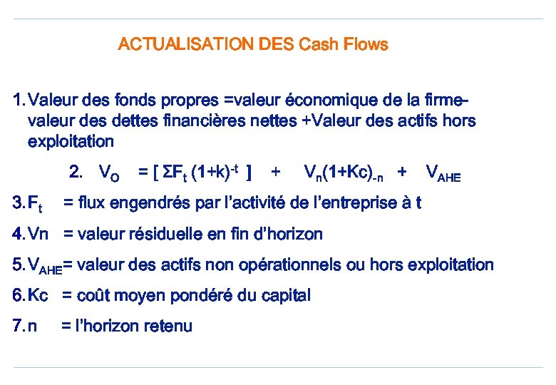 ACTUALISATION DES Cash Flows 1. Valeur des fonds propres =valeur économique de la firmevaleur