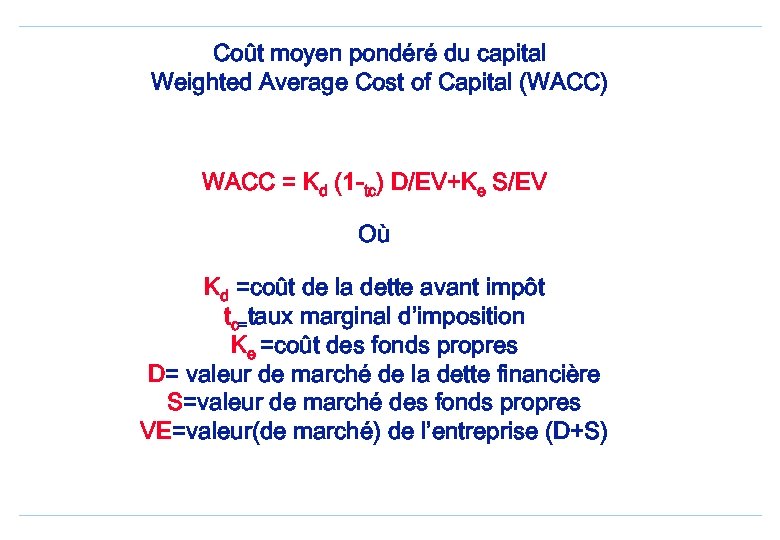 Coût moyen pondéré du capital Weighted Average Cost of Capital (WACC) WACC = Kd