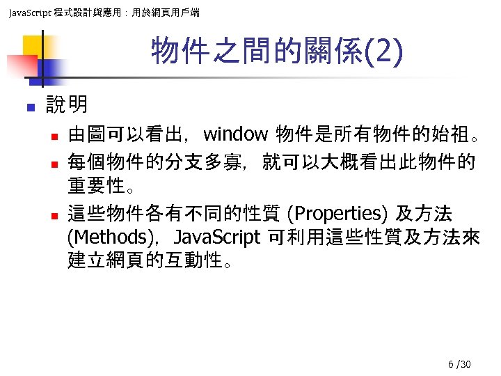 Java. Script 程式設計與應用：用於網頁用戶端 物件之間的關係(2) n 說明 n n n 由圖可以看出，window 物件是所有物件的始祖。 每個物件的分支多寡，就可以大概看出此物件的 重要性。 這些物件各有不同的性質