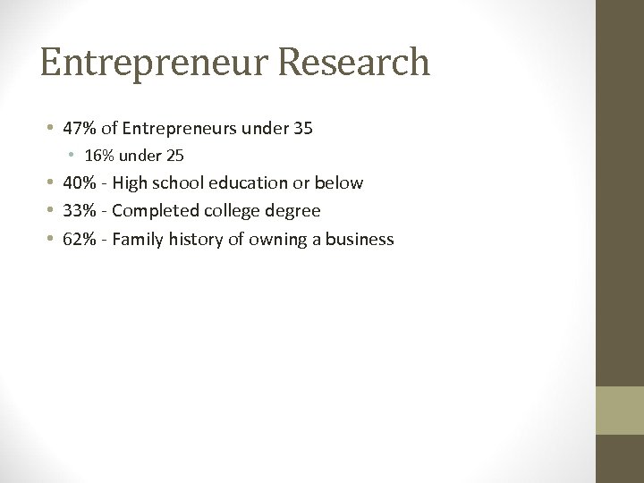 Entrepreneur Research • 47% of Entrepreneurs under 35 • 16% under 25 • 40%