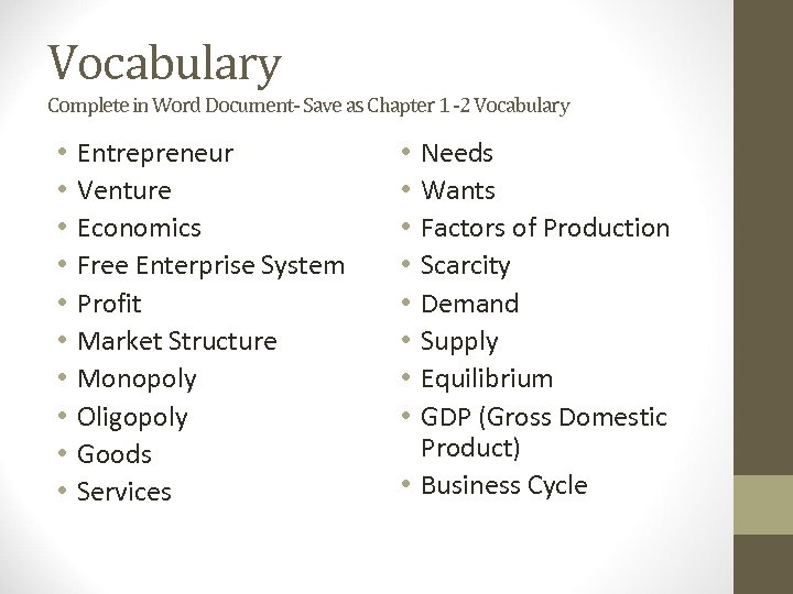 Vocabulary Complete in Word Document- Save as Chapter 1 -2 Vocabulary • • •