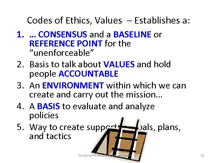 Codes of Ethics, Values – Establishes a: 1. … CONSENSUS and a BASELINE or