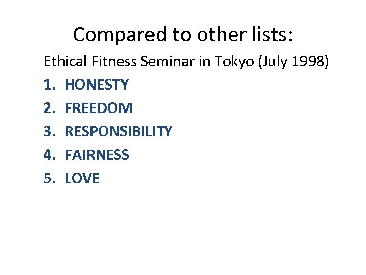 Compared to other lists: Ethical Fitness Seminar in Tokyo (July 1998) 1. HONESTY 2.