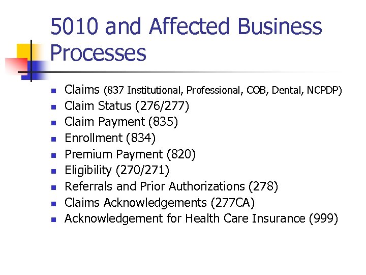5010 and Affected Business Processes n n n n n Claims (837 Institutional, Professional,