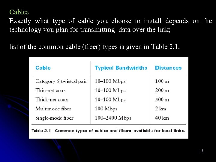 Cables Exactly what type of cable you choose to install depends on the technology
