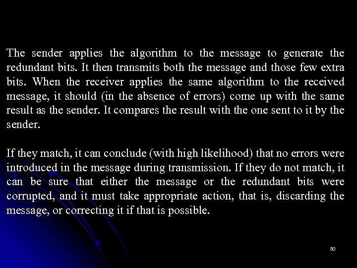 The sender applies the algorithm to the message to generate the redundant bits. It