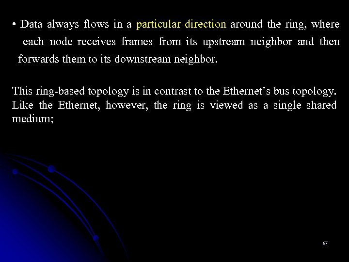  • Data always flows in a particular direction around the ring, where each