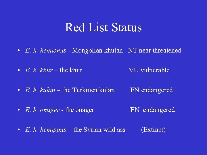 Red List Status • E. h. hemionus - Mongolian khulan NT near threatened •