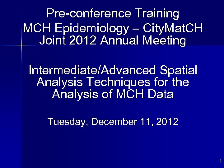 Pre-conference Training MCH Epidemiology – City. Mat. CH Joint 2012 Annual Meeting Intermediate/Advanced Spatial