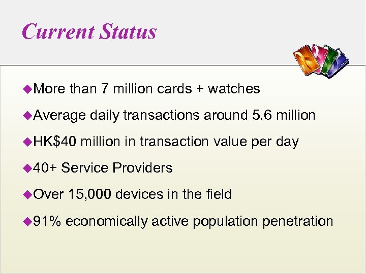 Current Status u. More than 7 million cards + watches u. Average u. HK$40