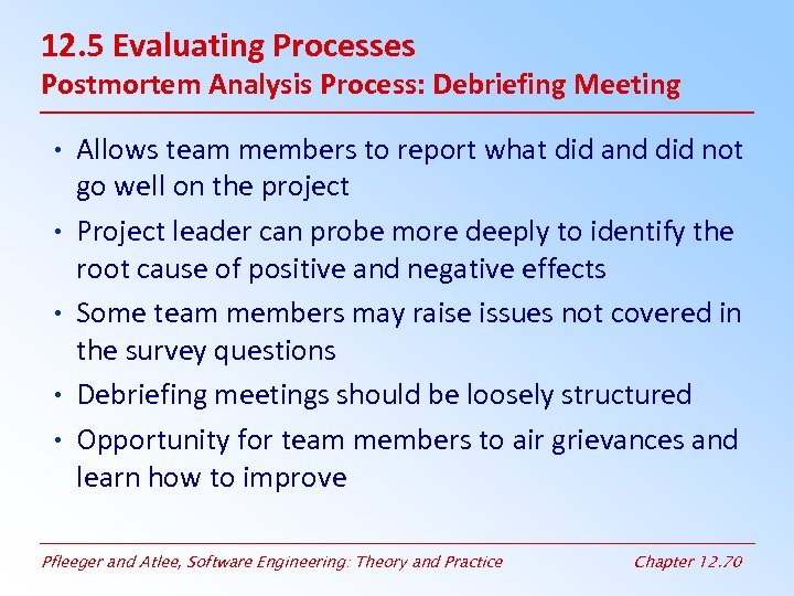 12. 5 Evaluating Processes Postmortem Analysis Process: Debriefing Meeting • Allows team members to