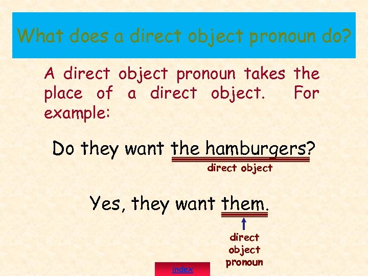 What does a direct object pronoun do? A direct object pronoun takes the place