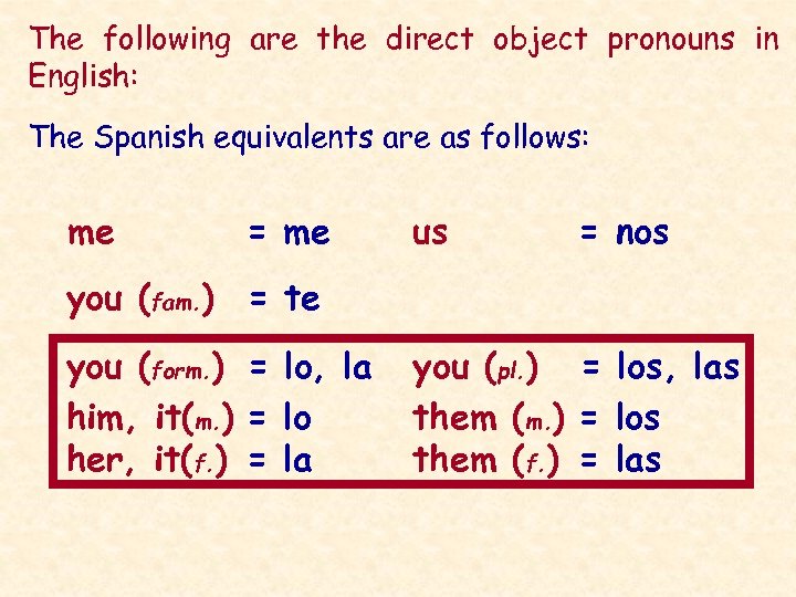 The following are the direct object pronouns in English: The Spanish equivalents are as