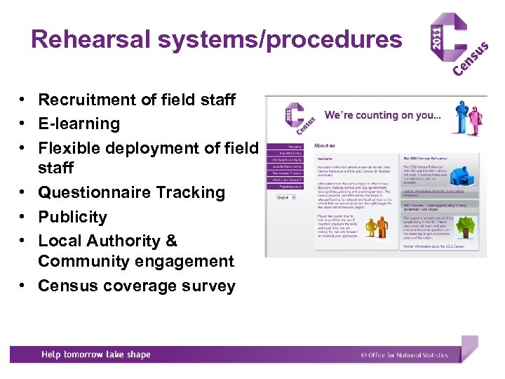 Rehearsal systems/procedures • Recruitment of field staff • E-learning • Flexible deployment of field