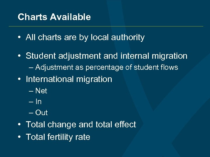 Charts Available • All charts are by local authority • Student adjustment and internal