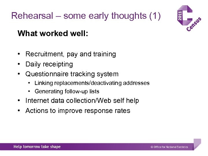 Rehearsal – some early thoughts (1) What worked well: • Recruitment, pay and training