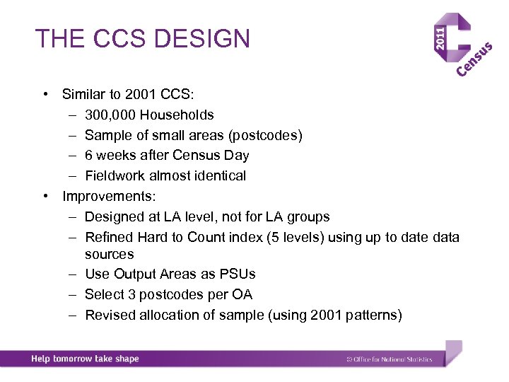 THE CCS DESIGN • Similar to 2001 CCS: – 300, 000 Households – Sample