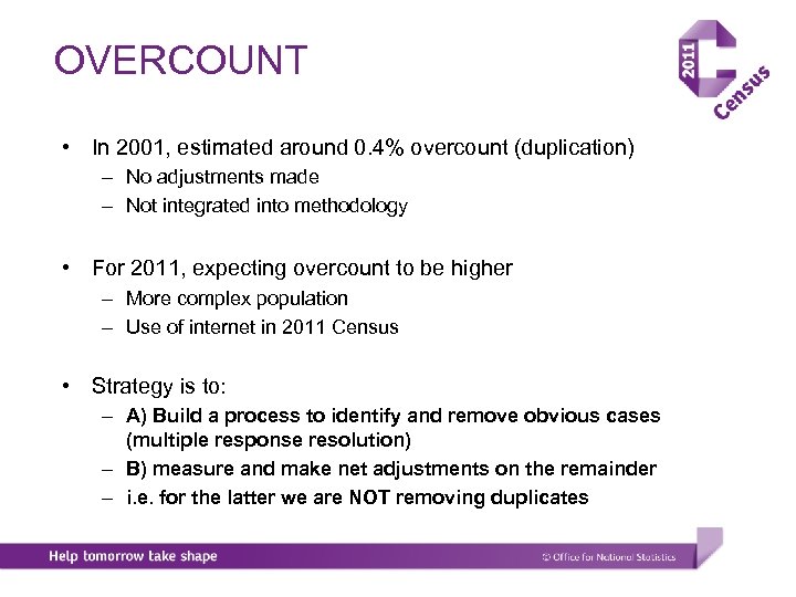 OVERCOUNT • In 2001, estimated around 0. 4% overcount (duplication) – No adjustments made