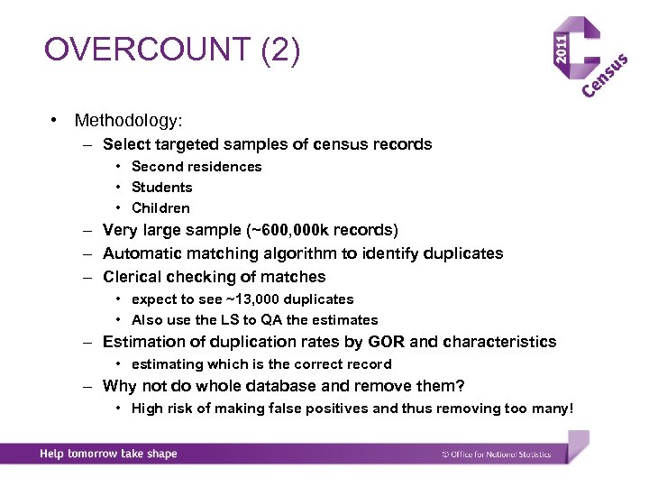 OVERCOUNT (2) • Methodology: – Select targeted samples of census records • Second residences