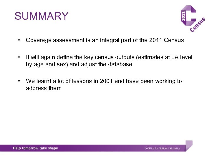 SUMMARY • Coverage assessment is an integral part of the 2011 Census • It