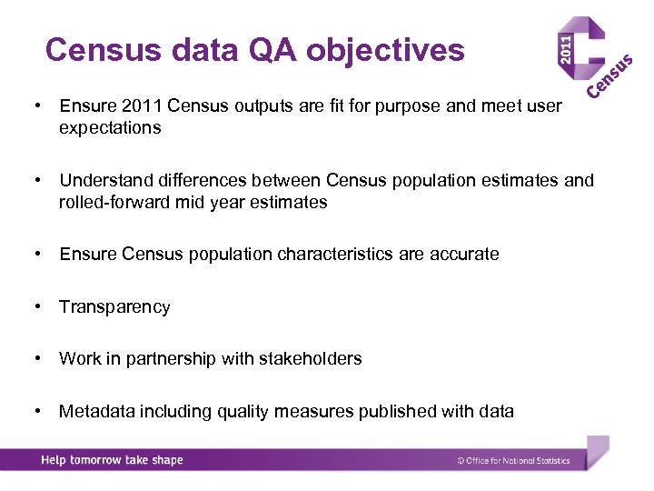 Census data QA objectives • Ensure 2011 Census outputs are fit for purpose and