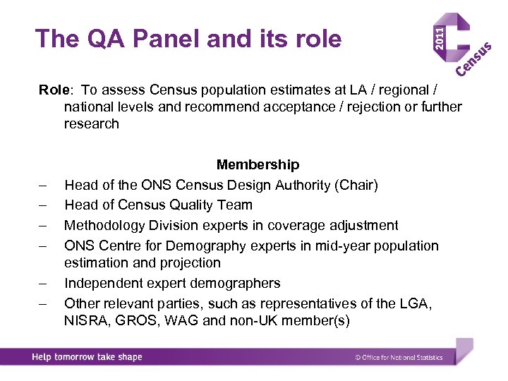 The QA Panel and its role Role: To assess Census population estimates at LA