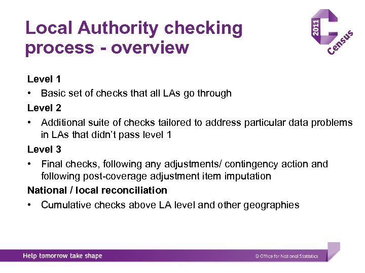 Local Authority checking process - overview Level 1 • Basic set of checks that