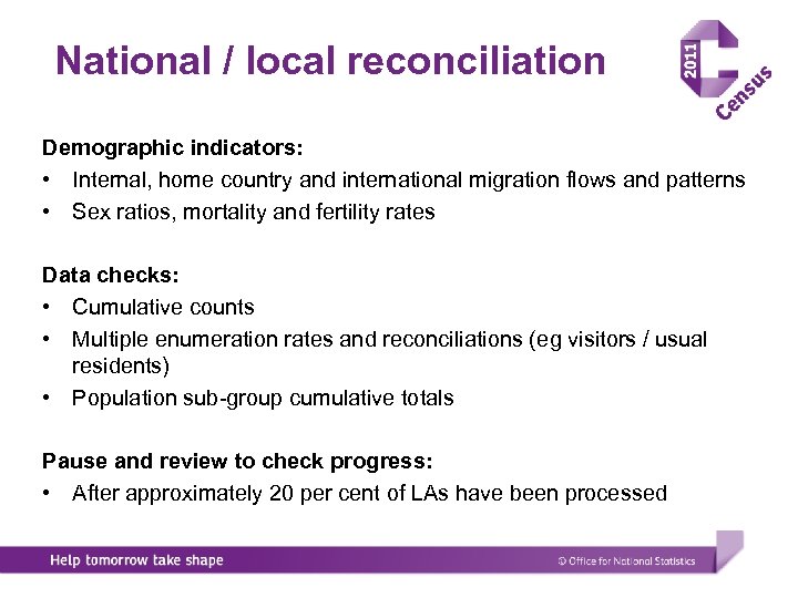 National / local reconciliation Demographic indicators: • Internal, home country and international migration flows