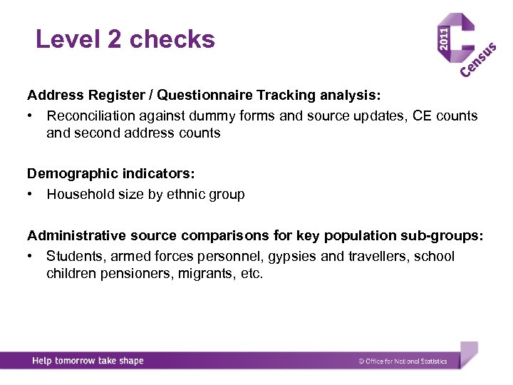 Level 2 checks Address Register / Questionnaire Tracking analysis: • Reconciliation against dummy forms