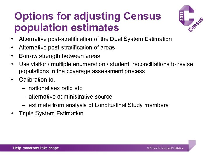 Options for adjusting Census population estimates • • Alternative post-stratification of the Dual System