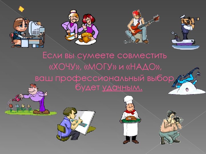 Если вы сумеете совместить «ХОЧУ» , «МОГУ» и «НАДО» , ваш профессиональный выбор будет