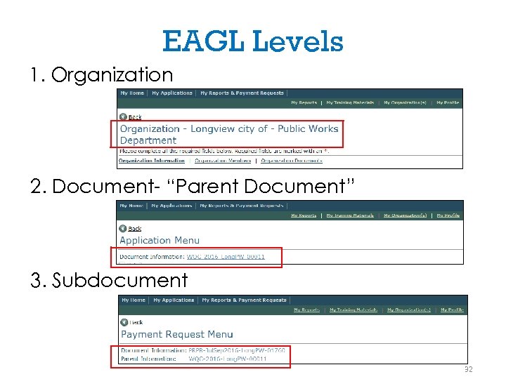 EAGL Levels 1. Organization 2. Document- “Parent Document” 3. Subdocument 32 