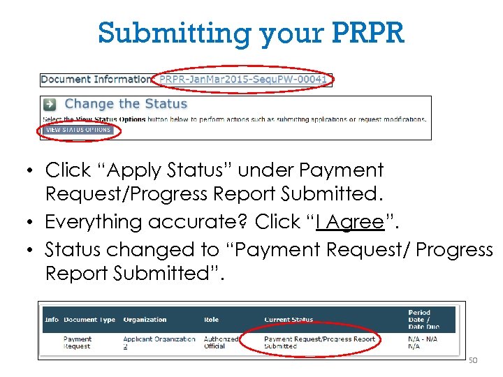 Submitting your PRPR • Click “Apply Status” under Payment Request/Progress Report Submitted. • Everything