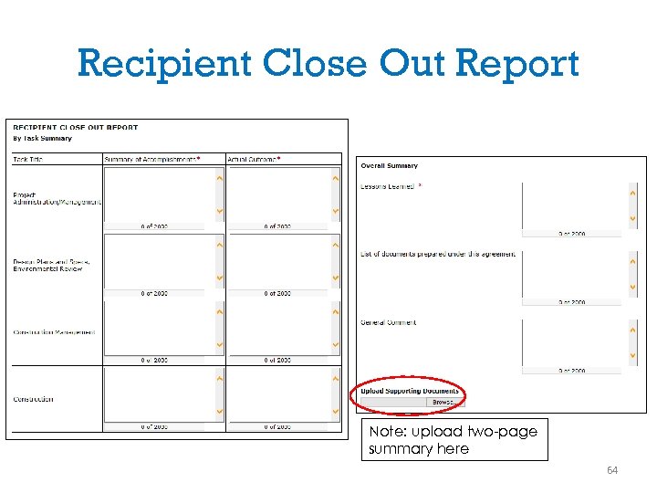 Recipient Close Out Report Note: upload two-page summary here 64 