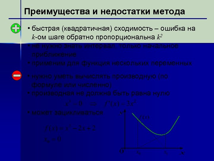 Преимущества и недостатки метода • быстрая (квадратичная) сходимость – ошибка на k-ом шаге обратно