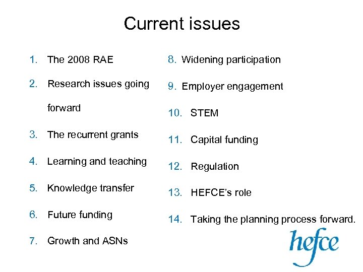 Current issues 1. The 2008 RAE 8. Widening participation 2. Research issues going 9.