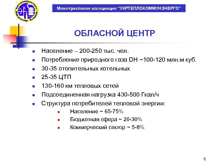 Межотраслевая ассоциация “УКРТЕПЛОКОММУНЭНЕРГО” ОБЛАСНОЙ ЦЕНТР n n n n Население – 200 -250 тыс.