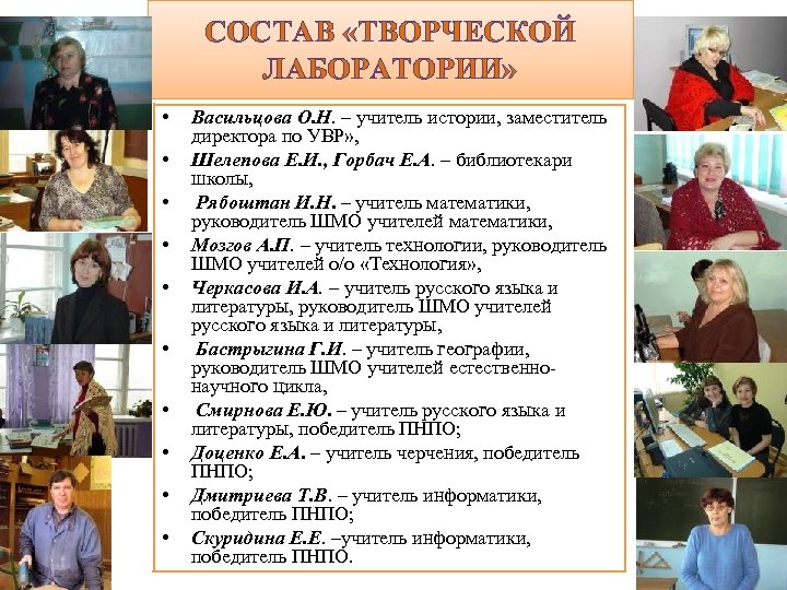 СОСТАВ «ТВОРЧЕСКОЙ ЛАБОРАТОРИИ» • • • Васильцова О. Н. – учитель истории, заместитель директора