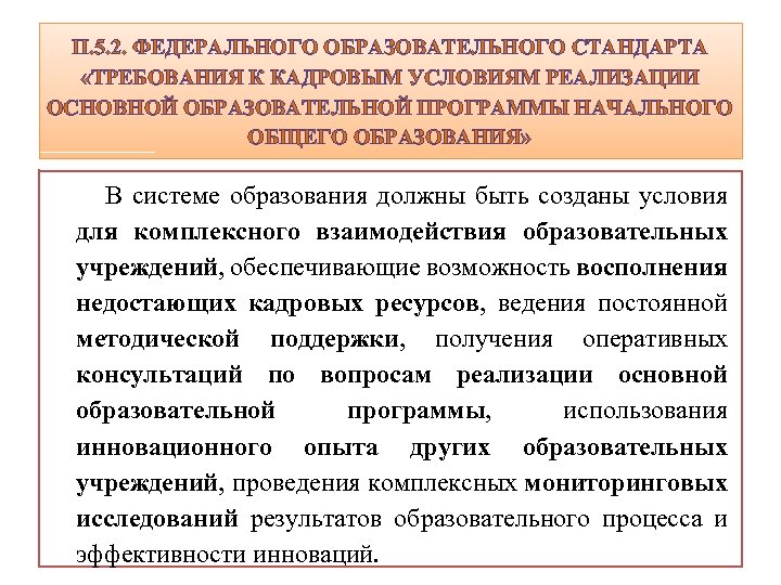 П. 5. 2. ФЕДЕРАЛЬНОГО ОБРАЗОВАТЕЛЬНОГО СТАНДАРТА «ТРЕБОВАНИЯ К КАДРОВЫМ УСЛОВИЯМ РЕАЛИЗАЦИИ ОСНОВНОЙ ОБРАЗОВАТЕЛЬНОЙ ПРОГРАММЫ