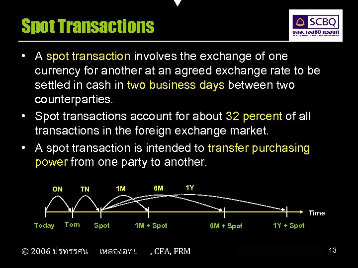 Spot Transactions • A spot transaction involves the exchange of one currency for another