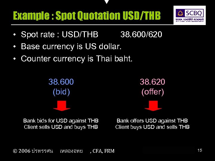 Example : Spot Quotation USD/THB • Spot rate : USD/THB 38. 600/620 • Base