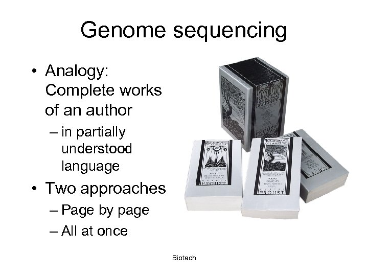 Genome sequencing • Analogy: Complete works of an author – in partially understood language