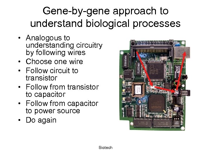 Gene-by-gene approach to understand biological processes • Analogous to understanding circuitry by following wires