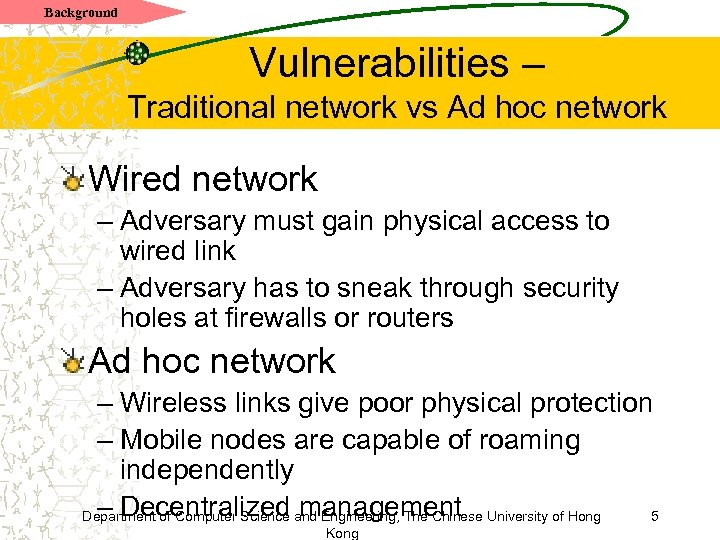 Background Vulnerabilities – Traditional network vs Ad hoc network Wired network – Adversary must