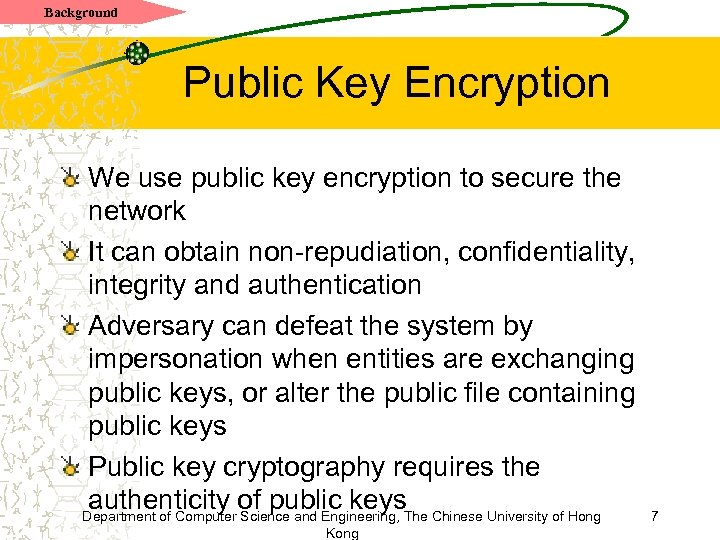 Background Public Key Encryption We use public key encryption to secure the network It
