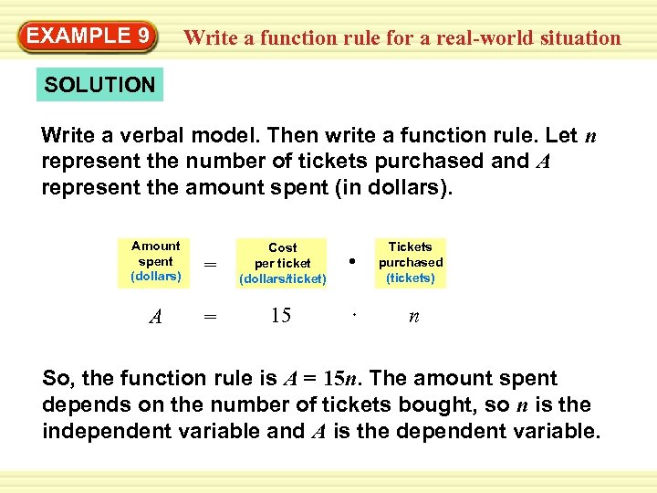 EXAMPLE 9 Warm-Up Exercisesa function rule for a real-world situation Write SOLUTION Write a