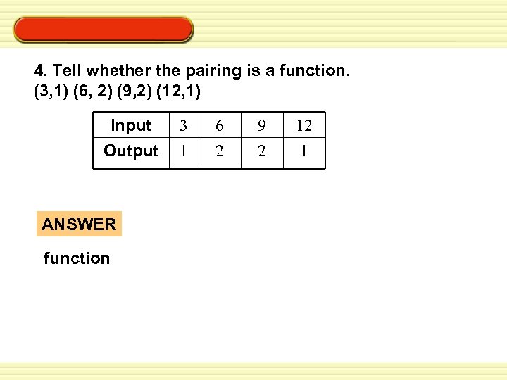 Warm-Up Exercises 4. Tell whether the pairing is a function. (3, 1) (6, 2)