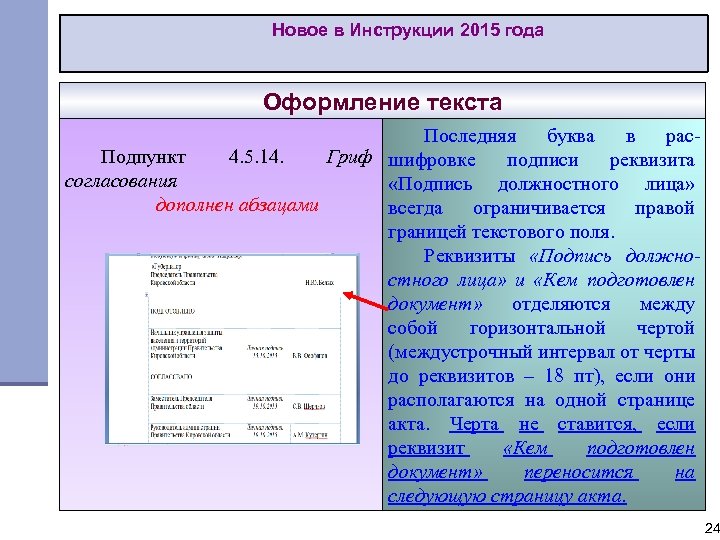 Новое в Инструкции 2015 года Оформление текста Последняя буква в рас. Подпункт 4. 5.