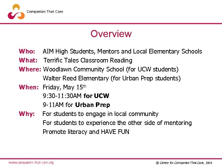 Overview Who: AIM High Students, Mentors and Local Elementary Schools What: Terrific Tales Classroom